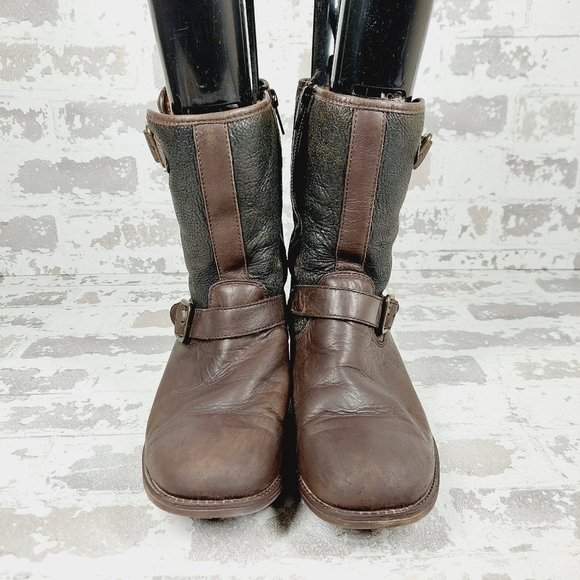 UGG Shearling Brown Leather Mid Calf Silver Buckles Detail Winter Boots I464 - Picture 3 of 13